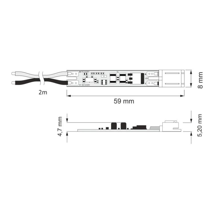 Dotykowy wyłącznik PCB XC60 ze złączką UNI i przewodem do sterowania taśmami LED mono.