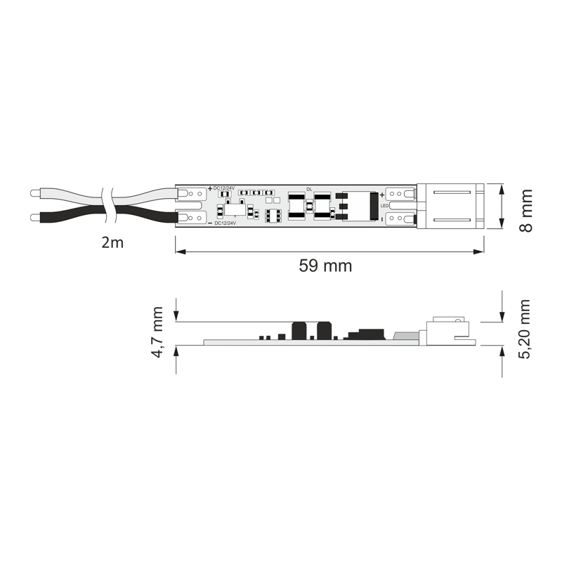 Dotykowy wyłącznik PCB XC60 ze złączką UNI i przewodem do sterowania taśmami LED mono.