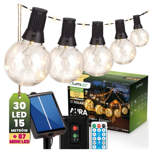 Łańcuch świetlny, girlanda biała ciepła ogrodowa solarna 30 kulek LED 3000K 15,05m Aura + pilot