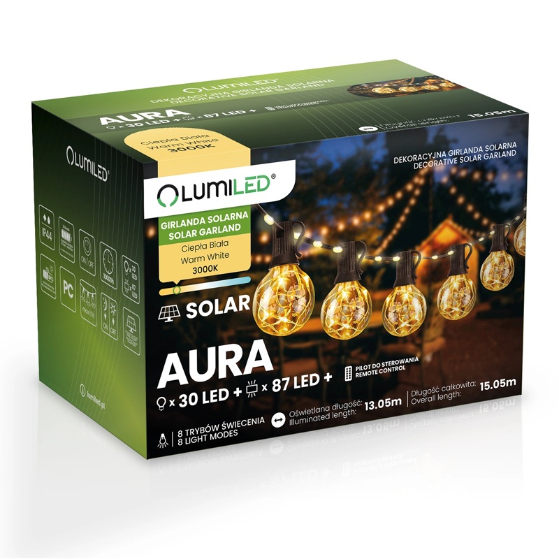 Girlanda ogrodowa solarna LED 3000K 30 kulek Aura