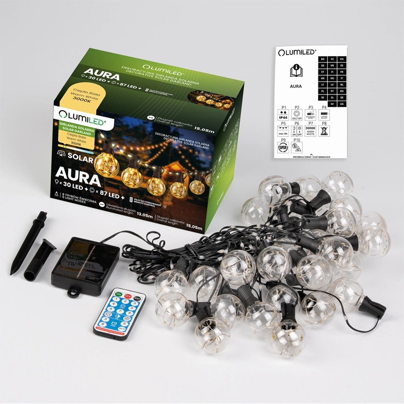 Łańcuch LED solarny kule 15m Aura ciepłe światło
