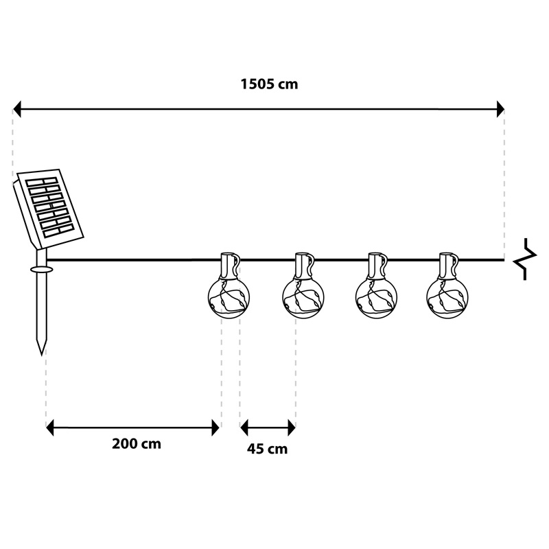 Wymiary girlandy solarnej Aura 15,05m 30 kulek LED
