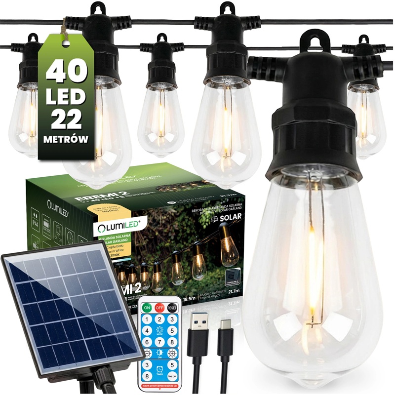 Łańcuch świetlny solarny 40 LED 3000K Eremi 2 pilot