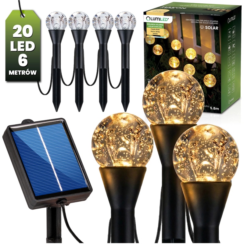 Łańcuch świetlny solarny 20 LED 3000K Hakon wbijany