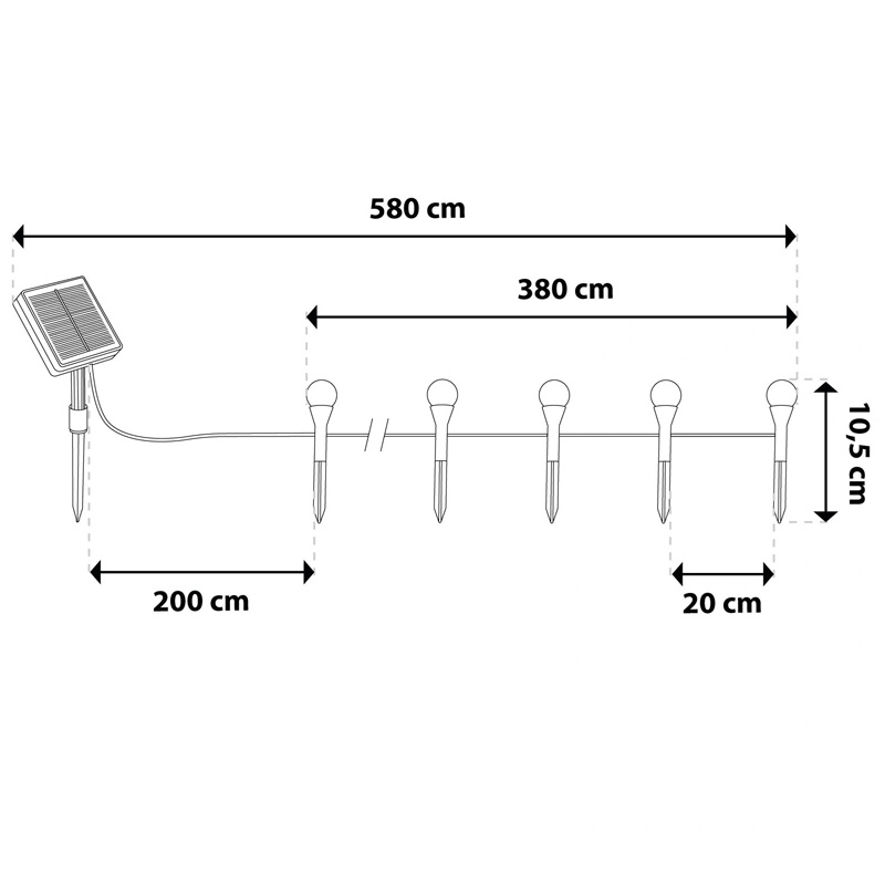 Wymiary girlandy solarnej Hakon 5,8m 20 LED