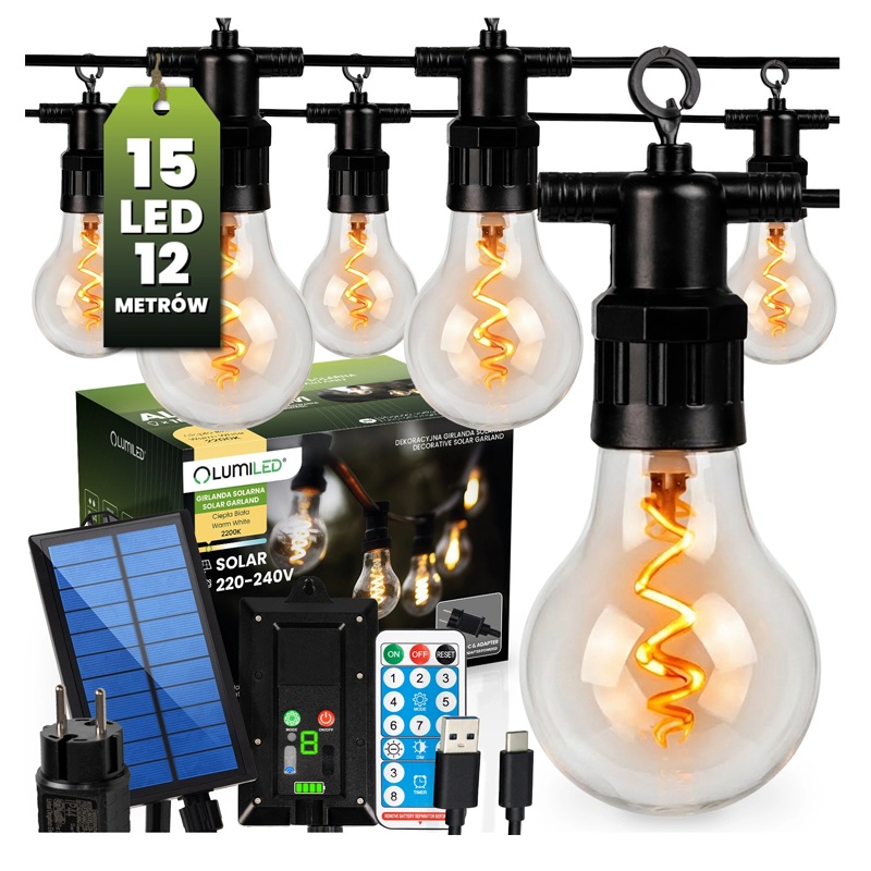 Łańcuch świetlny solarny 15 LED 2200K Alavas pilot