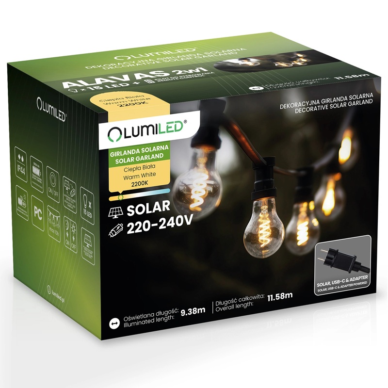 Girlanda ogrodowa solarna 2200K 15 LED Alavas