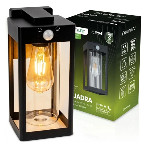 Kinkiet, lampa ogrodowa, elewacyjna LED E27 27cm IP54 QUADRA z czujnikiem ruchu i zmierzchu