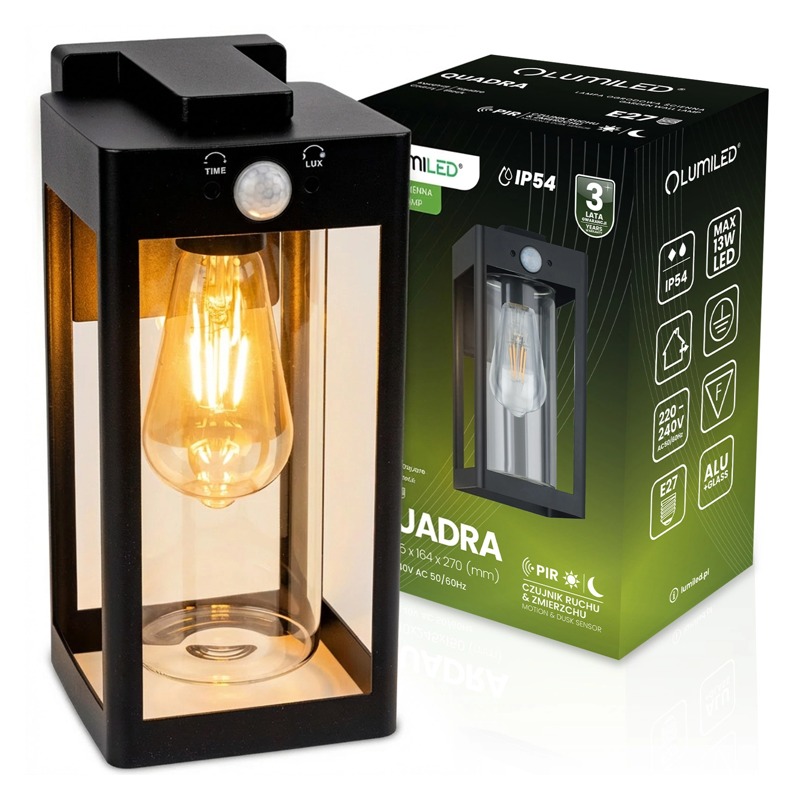 Kinkiet ogrodowy LED E27 27cm IP54 QUADRA czujnik ruchu