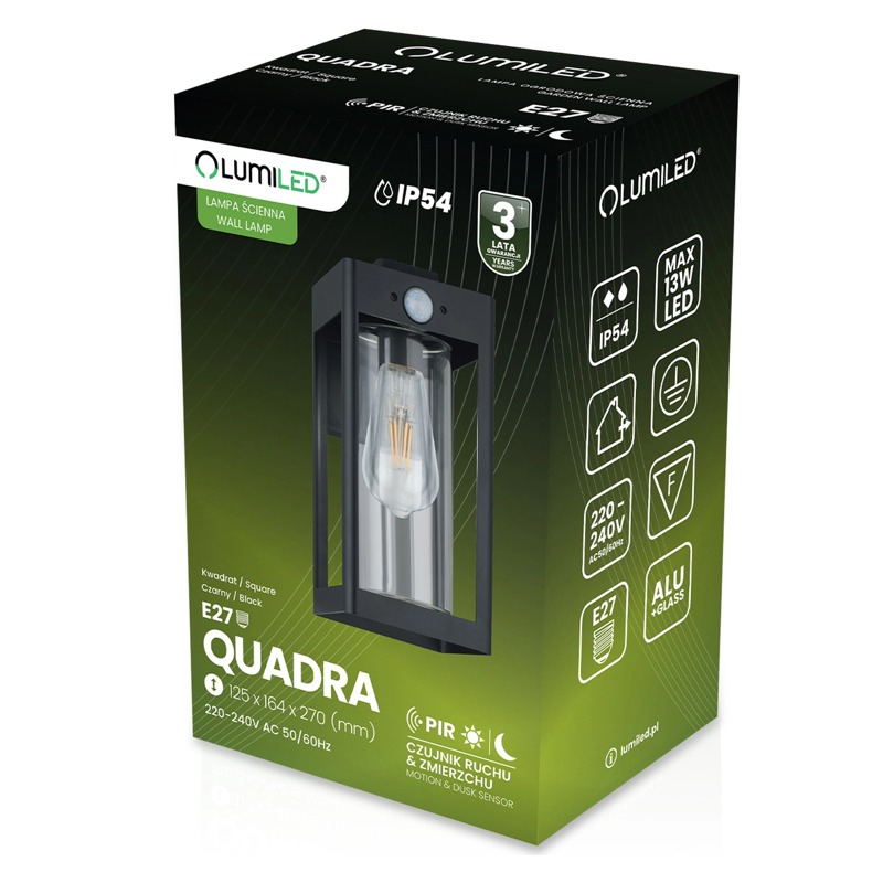 Kinkiet elewacyjny LED QUADRA 27cm IP54 czujnik
