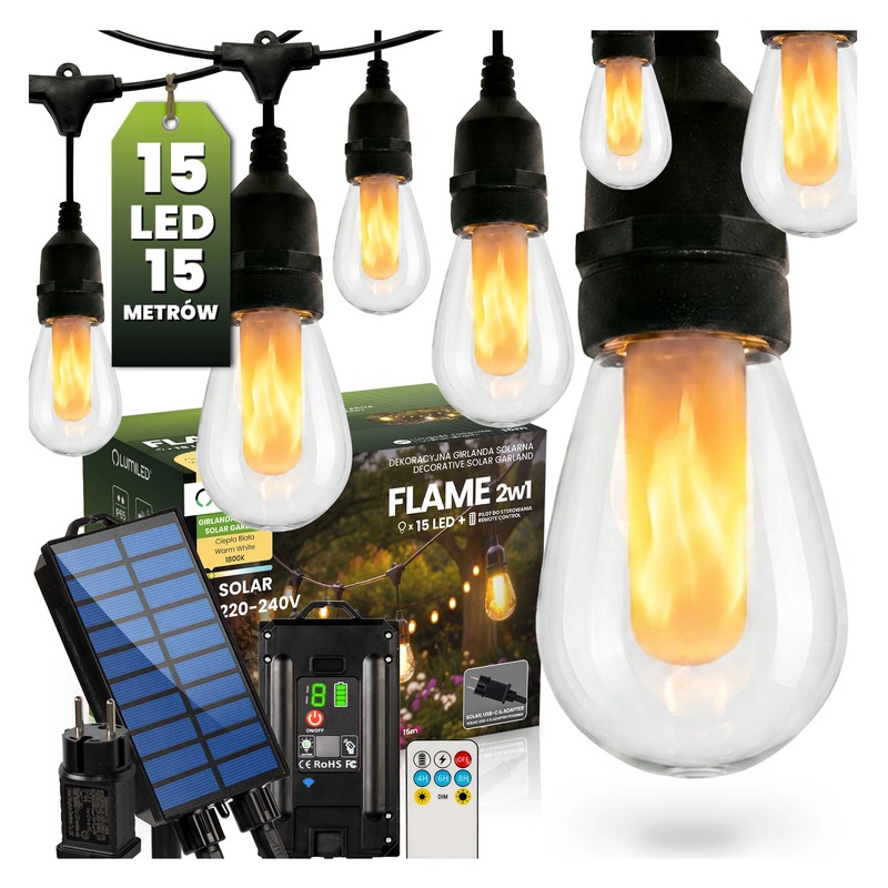 Łańcuch świetlny solarny 15 LED 1800K Flame 15m