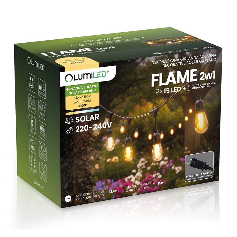 Girlanda ogrodowa solarna 1800K 15 LED Flame