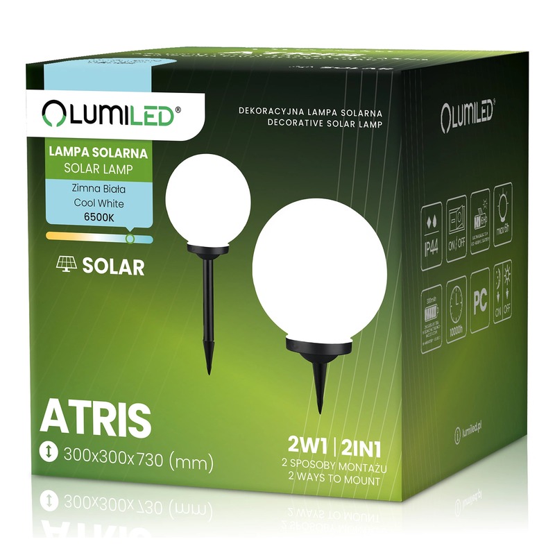 Lampa ogrodowa kula solarna Atris zimna biała