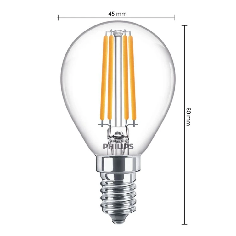 Wymiary żarówki LED E14 P45 6,5W Filament
