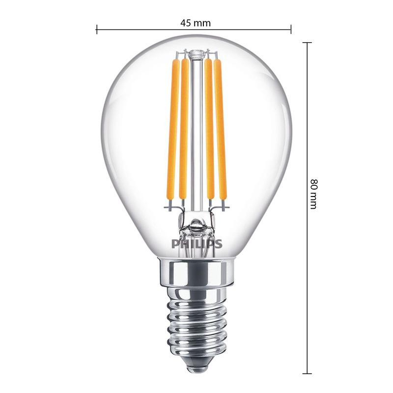 Wymiary żarówki LED E14 P45 6,5W Filament
