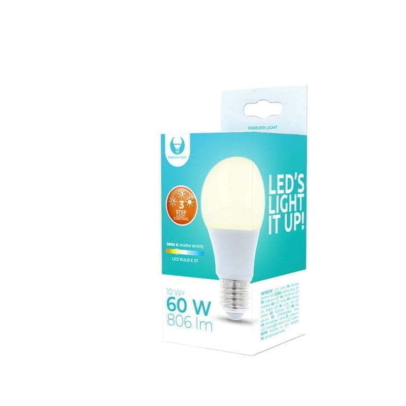 Żarówka LED E27 10W A60 3-stopniowe ściemnianie - biała ciepła opakowanie
