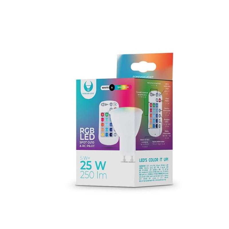 Żarówka LED GU10 RGBW RGB + biała ciepła 5W + pilot opakowanie