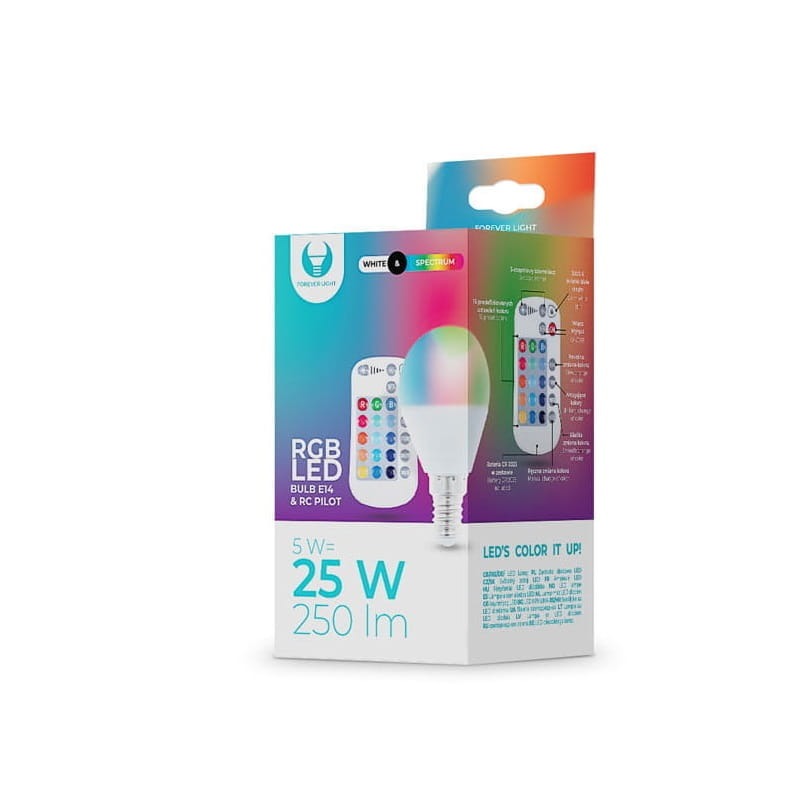 Żarówka LED E14 G45 RGBW RGB + biała ciepła 5W + pilot opakowanie