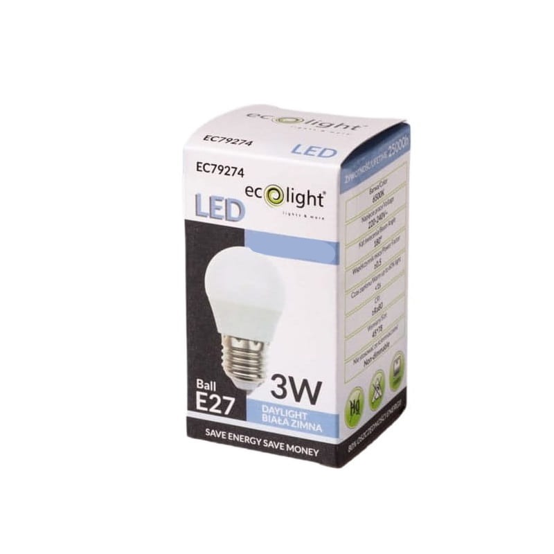 Żarówka LED E27 3W G45 kulka biała zimna opakowanie
