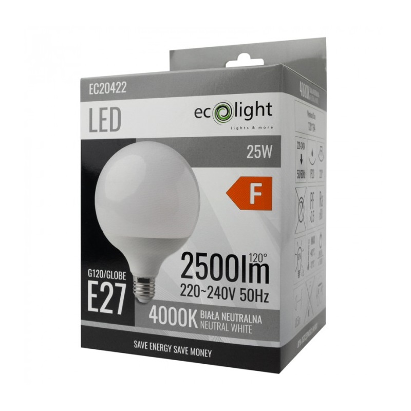 Żarówka LED E27 25W GLOBE G120 biała neutralna opakowania