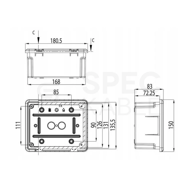 Wymiary puszki odgromowej PAWBOL R.8144D 180x150x83-145mm