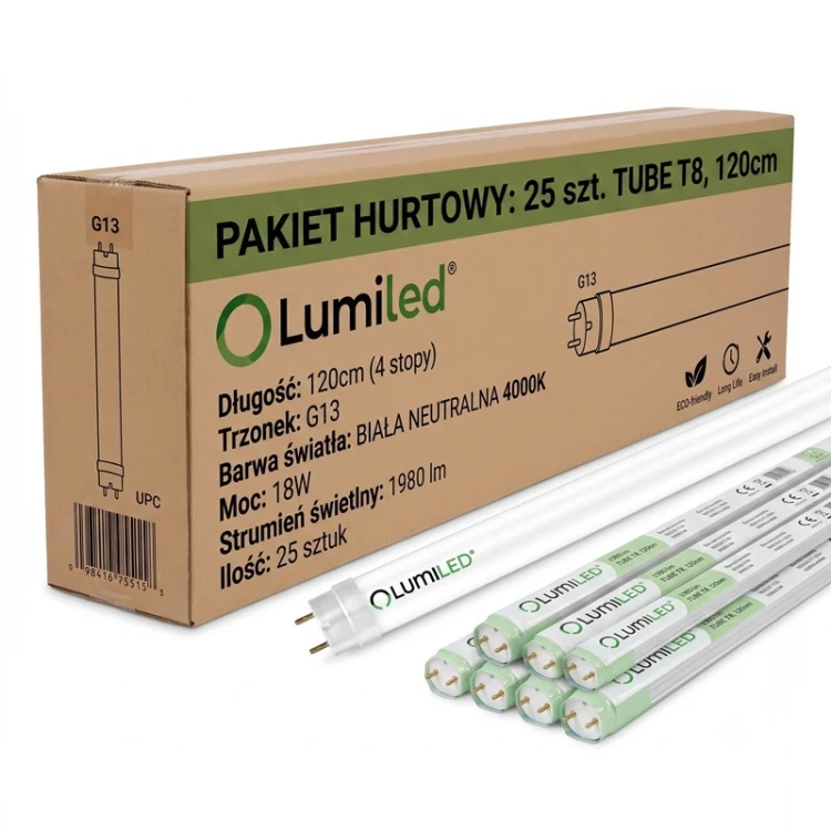 Świetlówka LED T8 18W 120 cm 4000K neutralna jednostronna - 25szt HURT