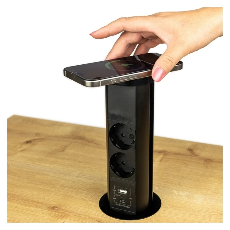 Gniazdo TOWER BOX 2x Schuko z USB-C i ładowaniem bezprzewodowym