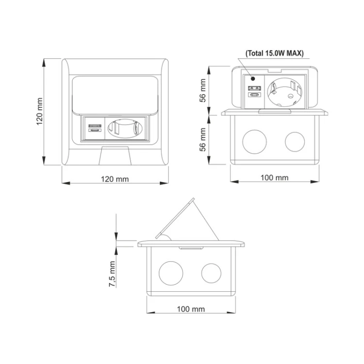Wymiary gniazda podłogowego FLOOR BOX 1x Schuko USB A+C PD20W