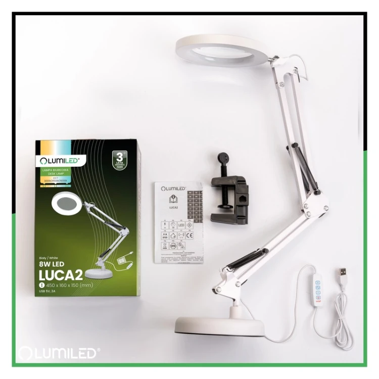 Lampa biurkowa LED z lupą i trzema barwami światła