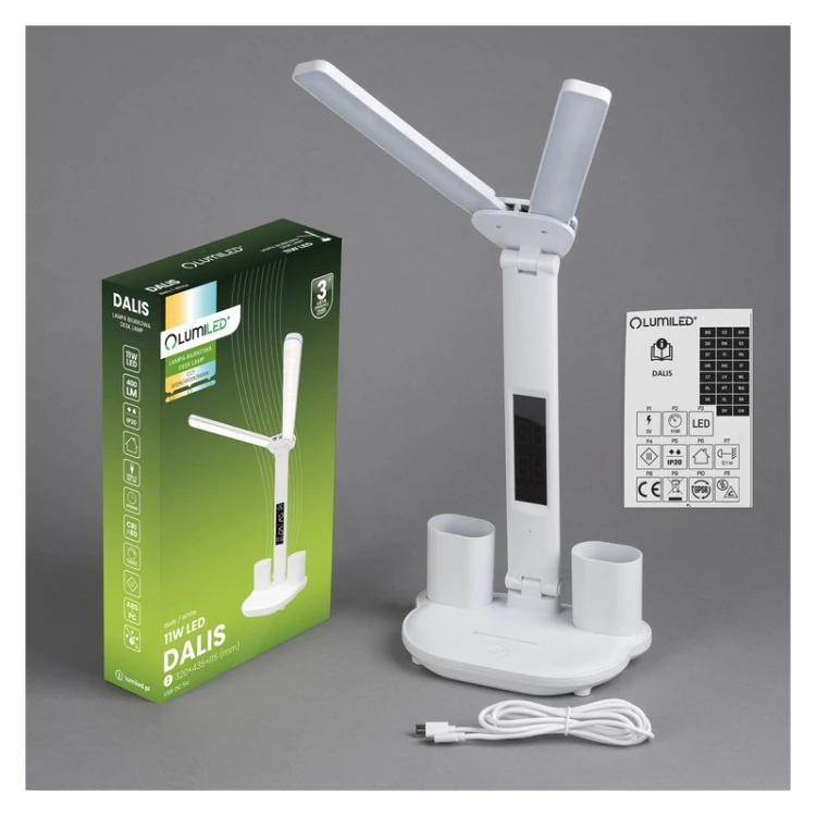 Biała lampa biurkowa 11W CCT z wyświetlaczem