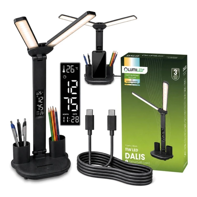 Lampa biurkowa podwójna DALIS 11W CCT czarna z wyświetlaczem