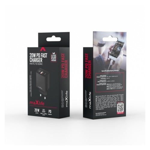 Ładowarka sieciowa 20W USB-C USB-A PD QC 3A czarna