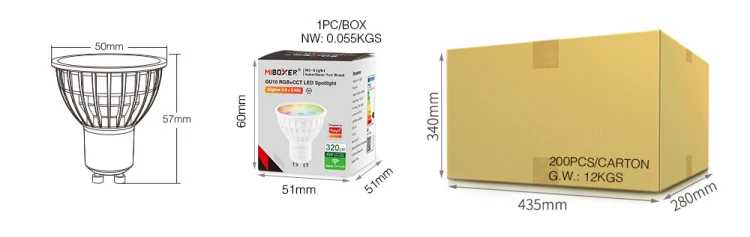 Wymiary żarówki LED GU10 4W RGB+CCT Zigbee 3.0