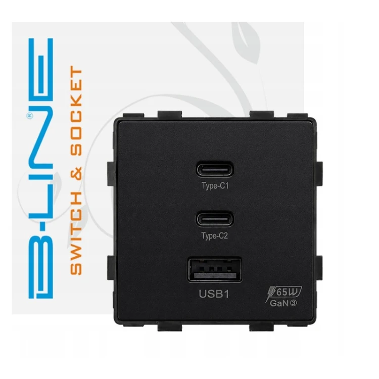 Czarne gniazdo MDX 65W z USB-A i dwoma portami USB-C