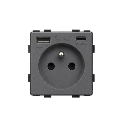 Gniazdo pojedyncze French typ E MDX szare z USB-A + USB-C 3100mA