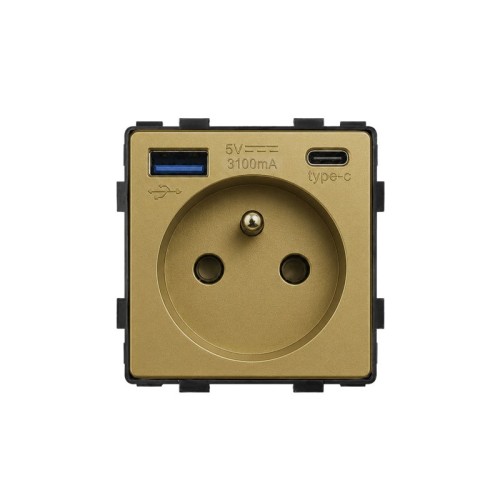 Gniazdo pojedyncze French typ E MDX złote z USB-A + USB-C 3100mA