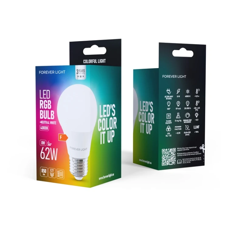 Kolorowa żarówka LED E27 8W RGB + biała neutralna